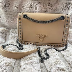 Prada Black Glace Leather Studded Flap Shoulder Bag Prada